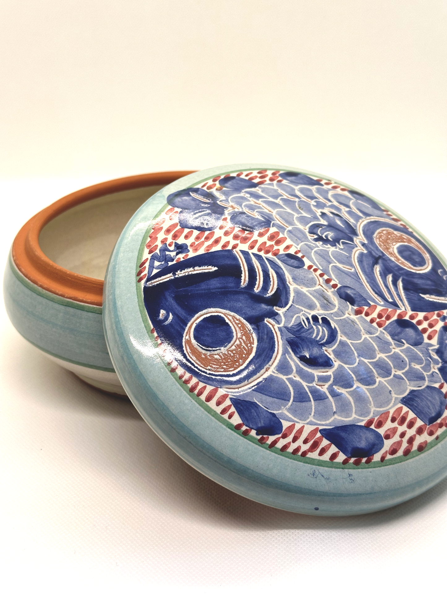 Glazed Clay Lidded Bowl with Koi Fish Design