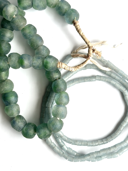 African Glass Krobo Trade Beads - Frosted Green and Blue