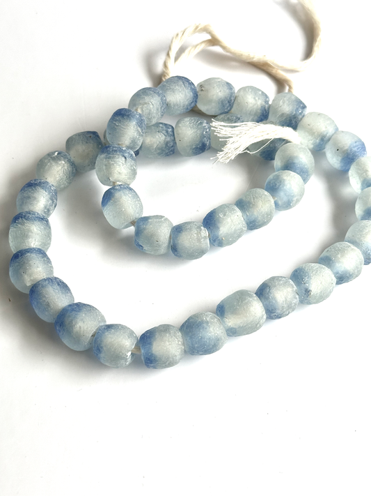 African Glass Krobo Beads - Frosted Clear with Blue