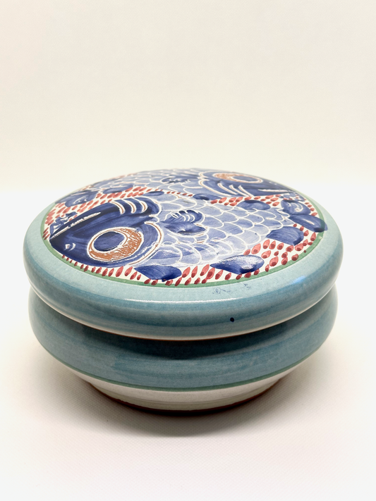 Glazed Clay Lidded Bowl with Koi Fish Design