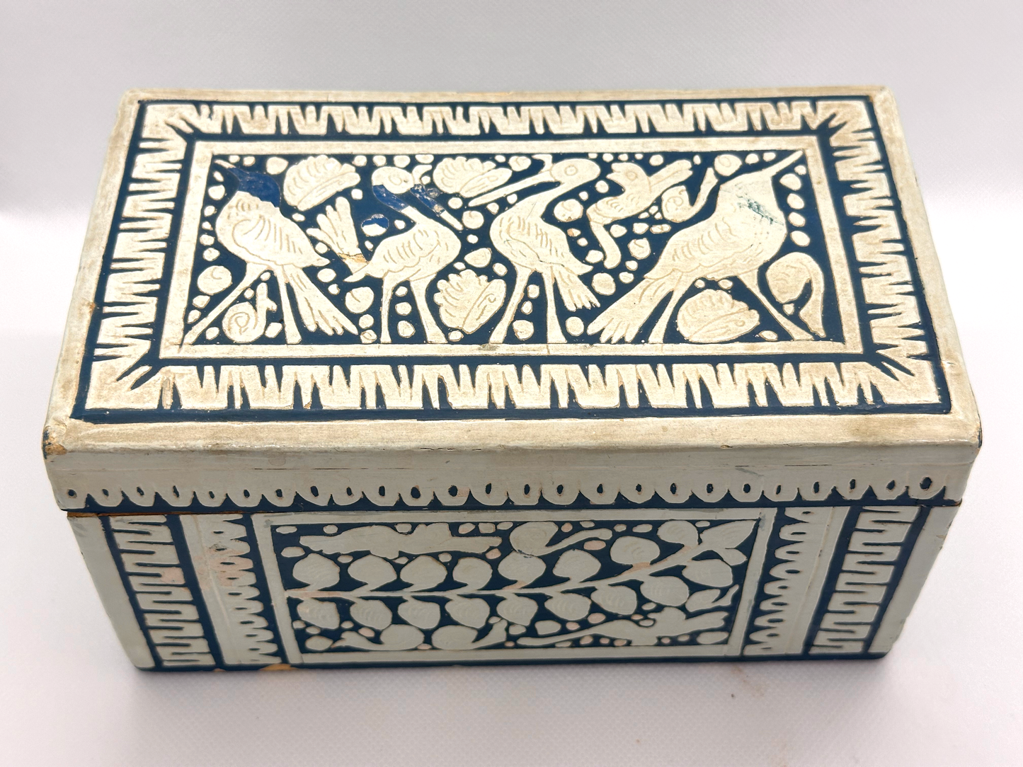 Vintage Blue and White Carved Decorative Box