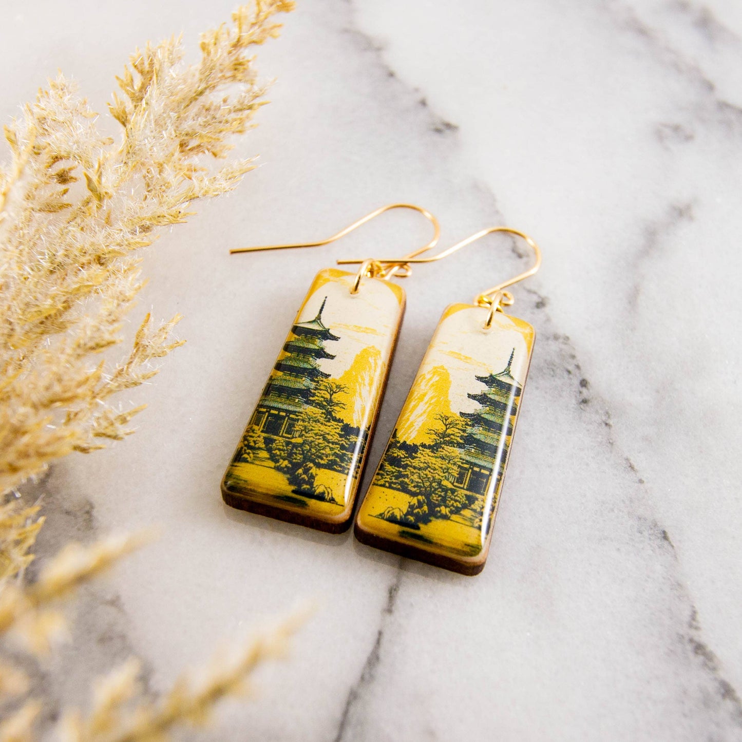 Citron Japanese Pagoda Garden Tapered Rectangle Earrings