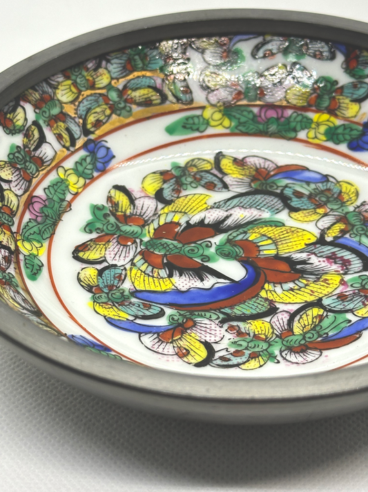 Pewter and Porcelain Decorative Asian Style Bowl