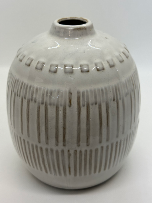 White Glazed ceramic vase with primitive geometric dimensional motif