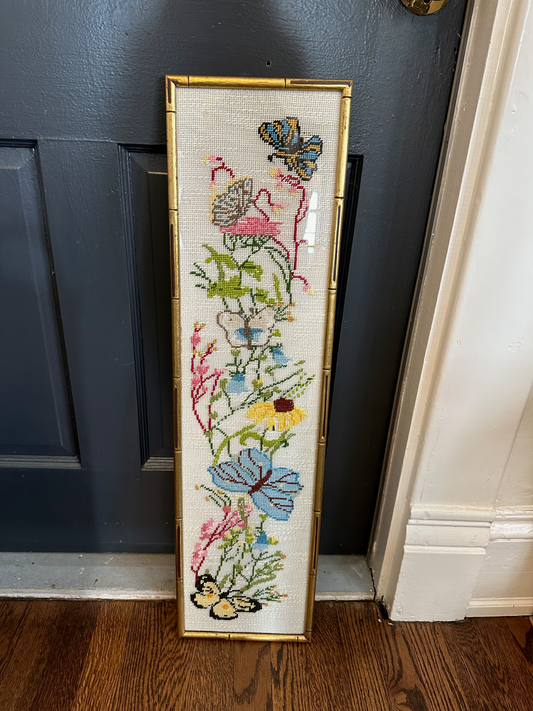 Butterfly and Floral Needlepoint in gold bamboo frame