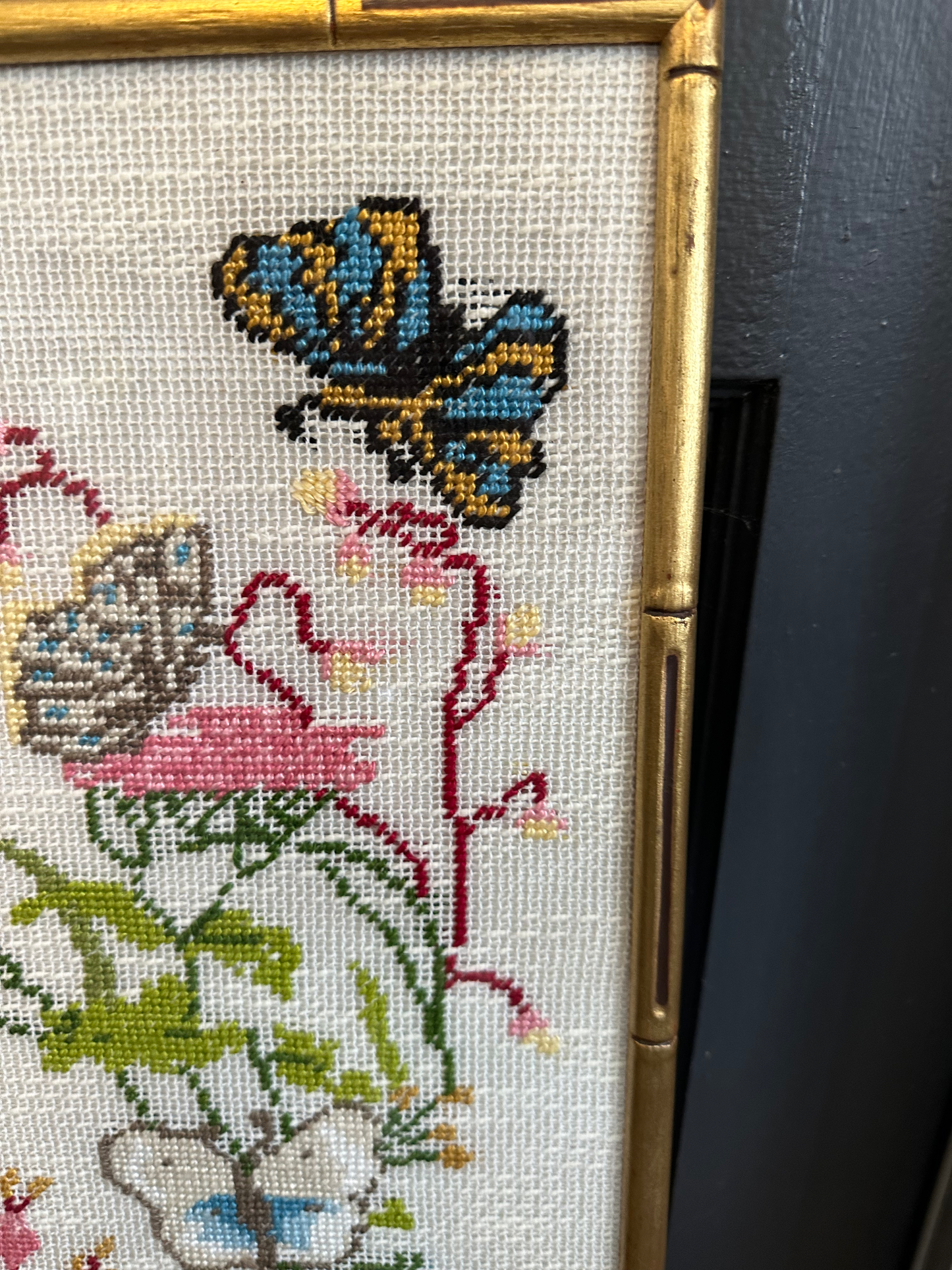 Butterfly and Floral Needlepoint in gold bamboo frame