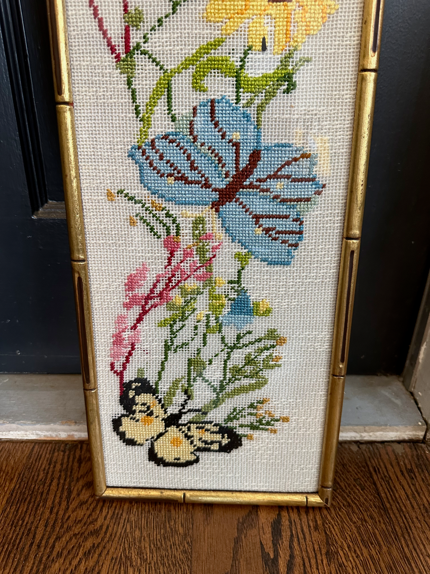 Butterfly and Floral Needlepoint in gold bamboo frame