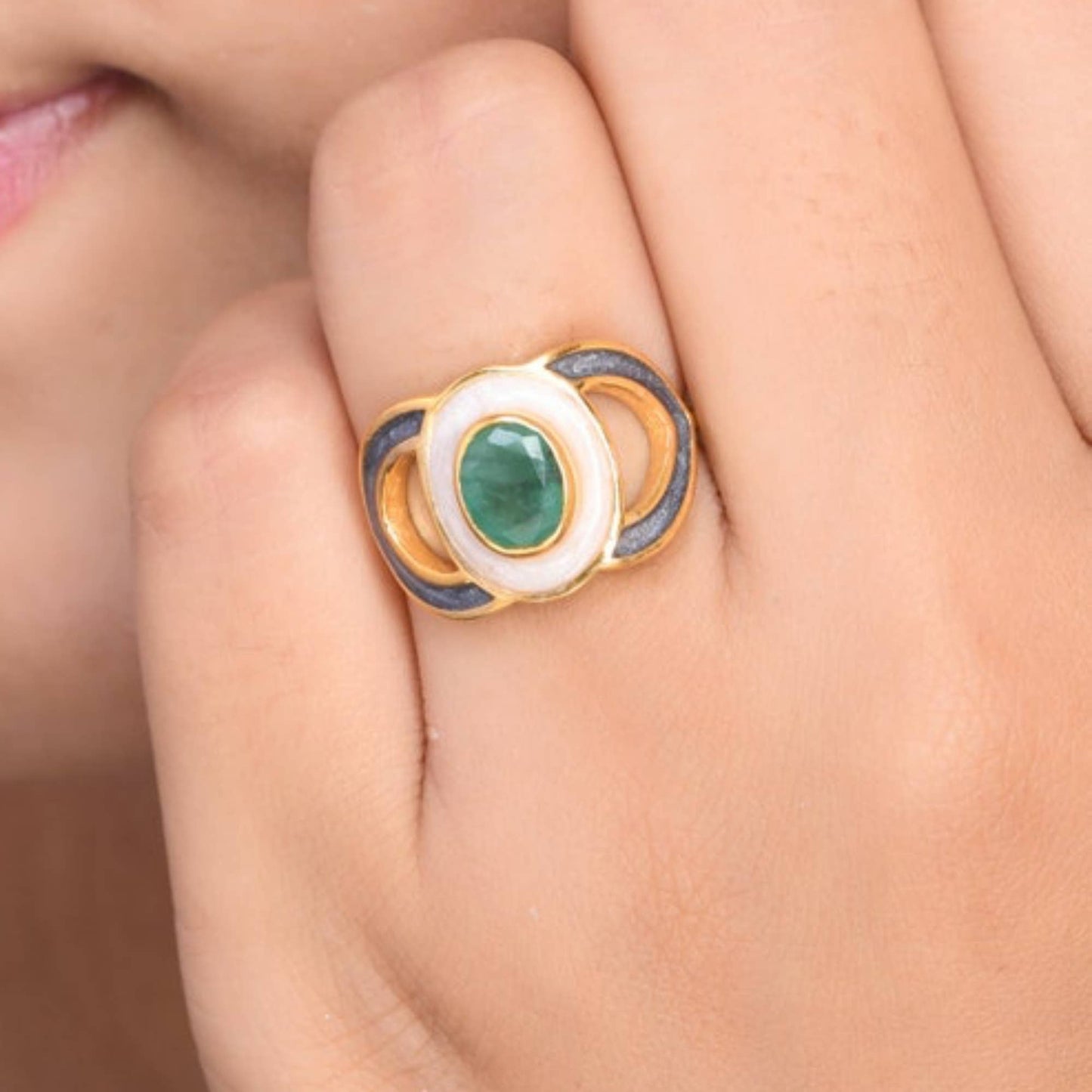 Emerald Enamel Gold Vermeil Cocktail Ring